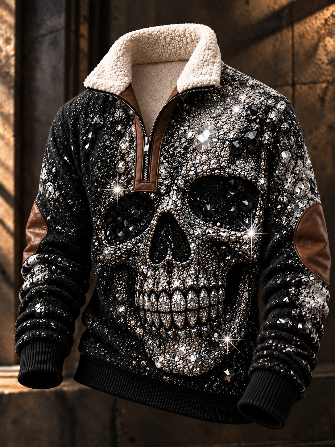 Men's Gothic Art Print Jacquard Fabric Zipper Fur Collar Long Sleeve Sweatshirt